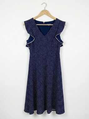 Tommy Hilfiger Navy Polka Dot Scallop Trim Flutter Sleeve Midi Dress 10